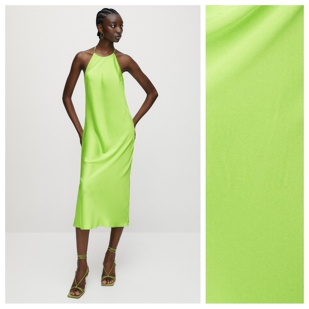 Massimo Dutti Green Satin Effect Halter Midi Dress. Size M.
